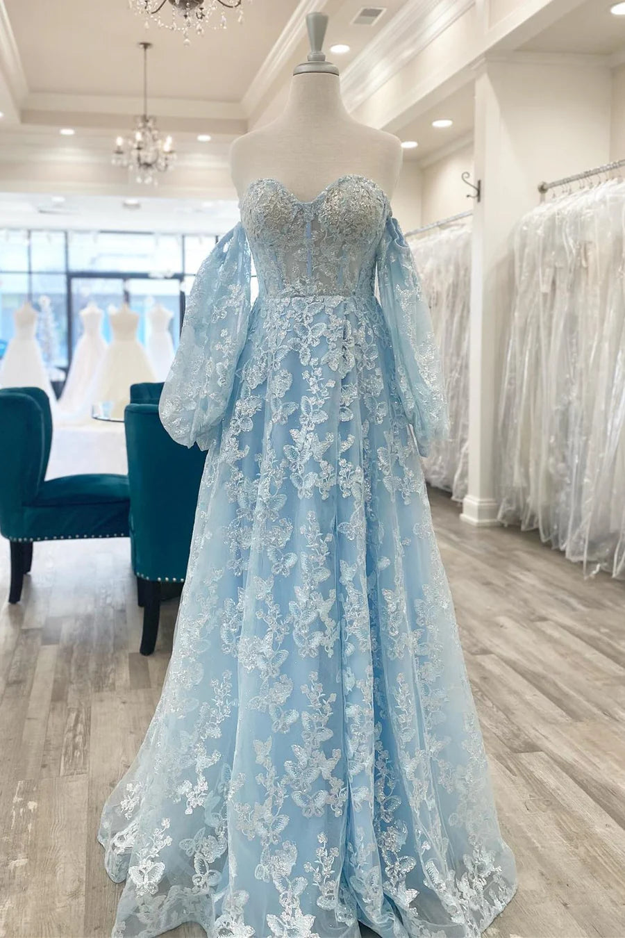 Vestido de fiesta de encaje con bustier de princesa brillante y mangas abullonadas